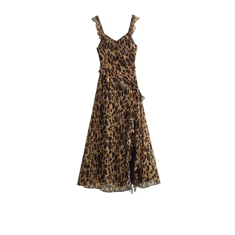 Abito lungo da donna con stampa leopardata e volant Sexy con scollo a V spacco alto orlo irregolare per vacanze estive
