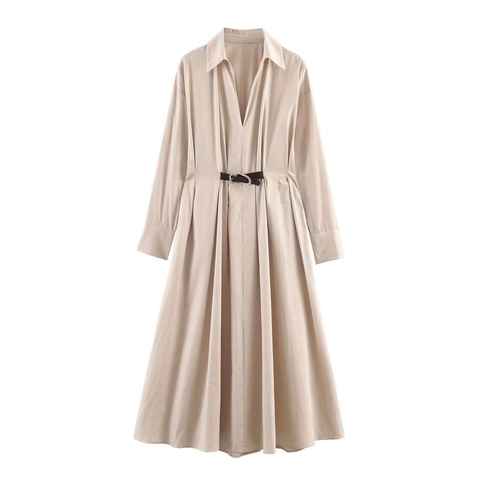 Women Elegant Belted Long Sleeve Midi Dress V Neck Lapel Shirt Dress For Office Casual Commuter Polyester Poplin Dress