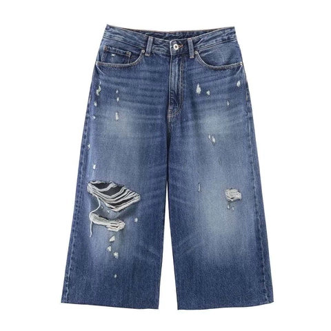 Women Casual Distressed Wide Leg Denim Jeans Washed High Waist Raw Hem Ripped Crop Pants Summer Streetwear Fashion Bottoms