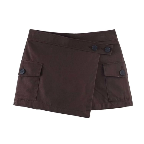 Women High Waist Asymmetric Cargo Skort Elegant Commute Solid Coffee Polyester Short Skirt Pants With Buttons And Pockets
