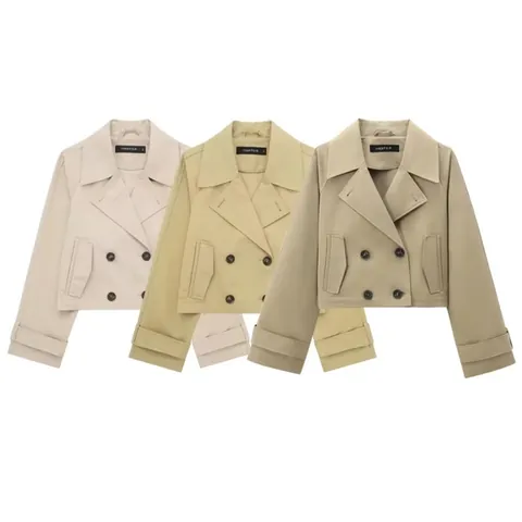 Dames Casual Korte Trenchcoat-jas Double-breasted Gecropt Bovenkleding Met Revers Stormflap Lange Mouw Herfst Lente Top