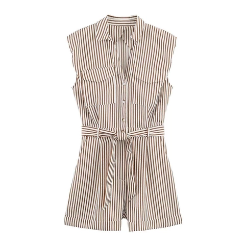 Women Casual Striped Sleeveless Romper With Belt Button Down Summer Beach Jumpsuit With Pockets Fashion Short Romper