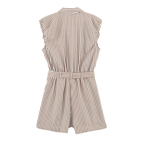 Women Casual Striped Sleeveless Romper With Belt Button Down Summer Beach Jumpsuit With Pockets Fashion Short Romper