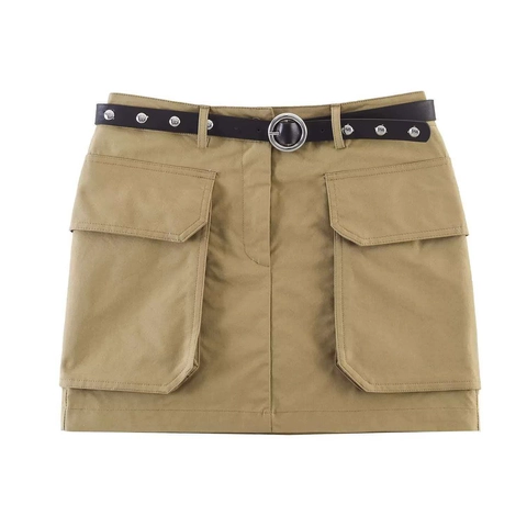 Women's Casual Polyester Cargo Mini Skirt With Belt High Waist Solid Color A-Line Spliced Bottom For Summer Daily Wearing