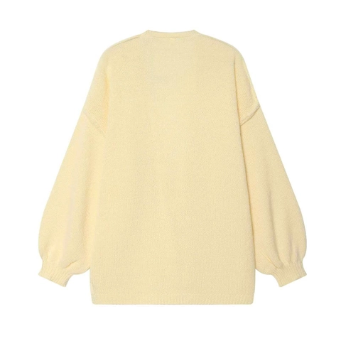 Damen Locker Grobstrick Strickjacke Langarm Laternenärmel V-Ausschnitt Strickpullover Minimalistisch Einfarbig Casual Top