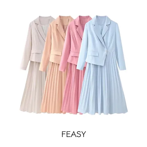 Elegant Women Blazer Pleated Midi Dress Long Sleeve Single Breasted High Waist Lapel A-Line Commute Office Dress