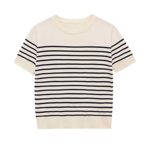 Damen Kurzarm Gestreiftes Strickoberteil Casual Rundhals Polyester Slim Fit Strickshirt Basic Tee Sommer Mode Outfits