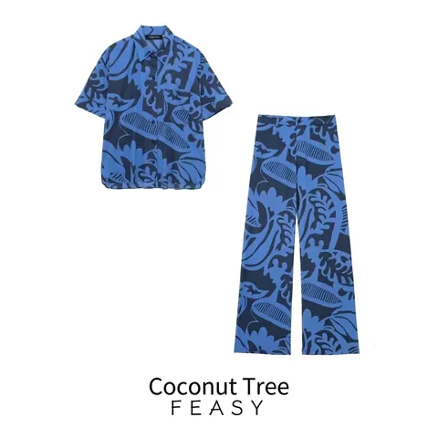 Women's 2 Piece Set Casual Tropical Palm Leaf Print Short Sleeve Shirt and High Waist Wide Leg Long Pants Summer Outfit