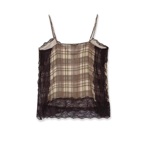 Damen Vintage Karo Cami Top Sexy Spitzenbesatz V-Ausschnitt Satin-Textur Ärmellos Polyester Sommer Tank Top Casual Party