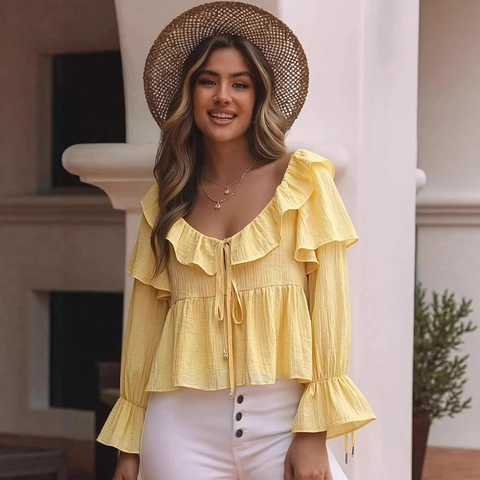 Women Yellow Chiffon Blouse Off Shoulder Ruffle Long Flared Sleeve Tie Neck Summer Vacation Top Fashion Women Clothing
