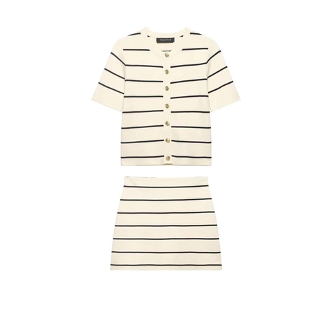 Damen Gestreift Strick Set Elegant Beige Schwarz Streifen Kurzarm Oberteil Und Minirock Goldknöpfe Sommer Outfit
