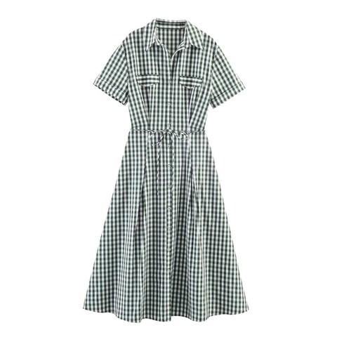 Damen Gingham Karo Hemdkleid Kurzarm Umlegekragen Einreihig Midi Kleid Mit Kordelzug An Der Taille Und Taschen