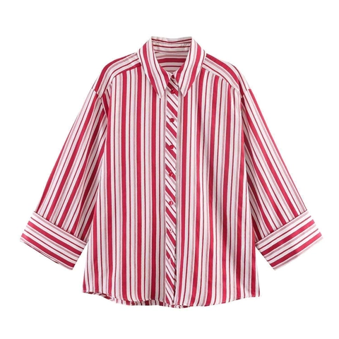Women's Casual Red And White Striped Satin Blouse Loose Fit Lapel Long Sleeve Button Up Shirt Top Elegant Commuter Wear