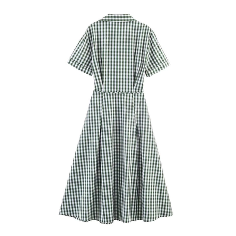 Damen Gingham Karo Hemdkleid Kurzarm Umlegekragen Einreihig Midi Kleid Mit Kordelzug An Der Taille Und Taschen