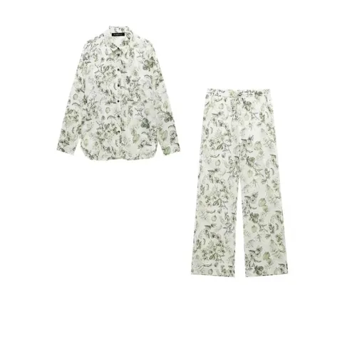 Damen Tropisches Grünes Blatt Blumenmuster Hemd Und Weite Hose Zweiteiler Locker Langarm Casual Urlaub Outfit