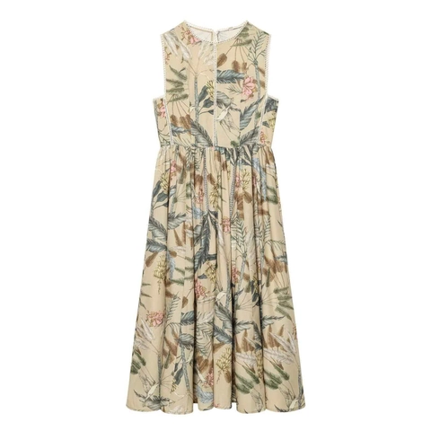 Women Summer Sleeveless Maxi Dress Tropical Botanical Print Lace Trim Elegant High Waist Vacation Bohemian Long Dress