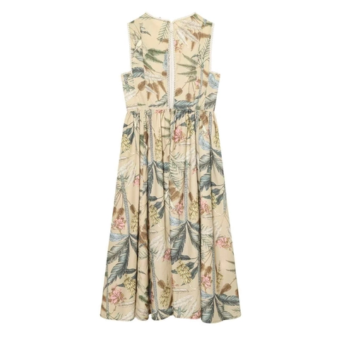 Women Summer Sleeveless Maxi Dress Tropical Botanical Print Lace Trim Elegant High Waist Vacation Bohemian Long Dress