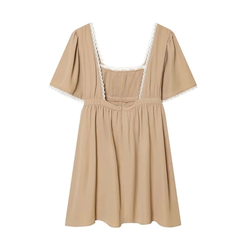 Damen Square Neck Spitzenbesatz Kleid Khaki Puffärmel Französisches Retro Slim Fit A-Linie Sommer Midi Kleid Für Den Alltag