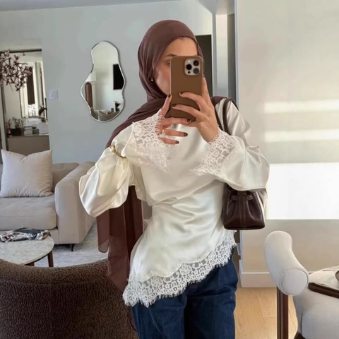 Women Elegant Satin Long Sleeve Blouse Round Neck Lace Patchwork Asymmetric Hem Tie Waist Office Casual Tops