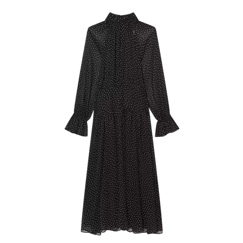 Abito da Donna Elegante a Pois con Collo Alto e Maniche Lunghe Plissettato in Chiffon Vestibilità Aderente Polsini con Volant Retro Midi per Feste