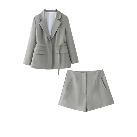 Women Casual Grey Blazer And High Waist Shorts Outfit Long Sleeve Lapel Jacket With Belt Pockets Office Lady Suit