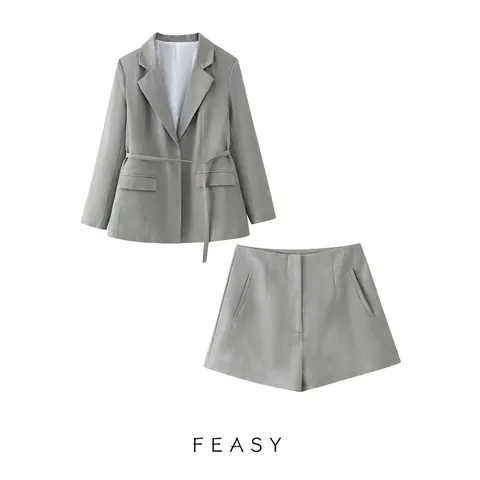 Women Casual Grey Blazer And High Waist Shorts Outfit Long Sleeve Lapel Jacket With Belt Pockets Office Lady Suit