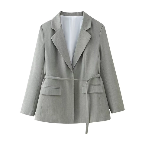 Women Casual Grey Blazer And High Waist Shorts Outfit Long Sleeve Lapel Jacket With Belt Pockets Office Lady Suit
