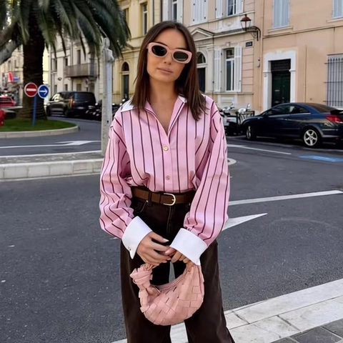 Camisa Casual de Rayas Verticales para Mujer Cuello y Puños Blancos en Contraste Blusa de Manga Larga Ajuste Relajado