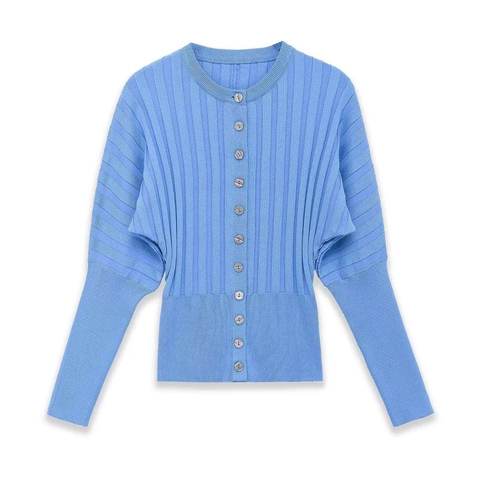 Gilet en Tricot Bleu Décontracté pour Femmes Pull Manches Longues Col Rond Boutonné Nervuré Couleur Unie Élégant
