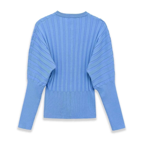Gilet en Tricot Bleu Décontracté pour Femmes Pull Manches Longues Col Rond Boutonné Nervuré Couleur Unie Élégant