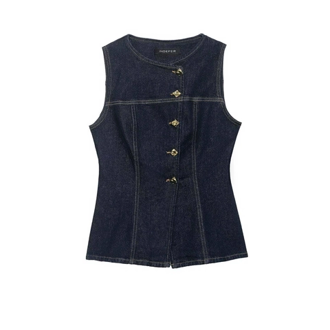 Women's Vintage Dark Blue Denim Vest Slim Fit Sleeveless Top With Irregular Gold Buttons Casual Retro Waistcoat