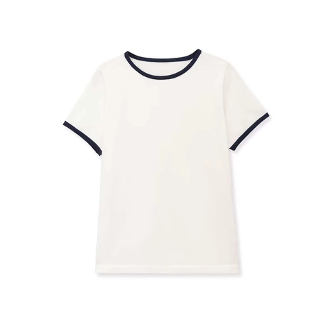 Top da Donna a Maglia a Manica Corta Girocollo Casual Bordo a Contrasto Bianco Blu Slim Fit Maglione Estivo Leggero