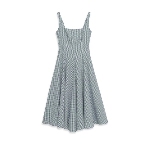 Damen Sommer Mode Gingham Eckiger Ausschnitt Ärmellos Midi Kleid Elegant Schmale Passform Polyester A-Linie Casual Sonnenkleid