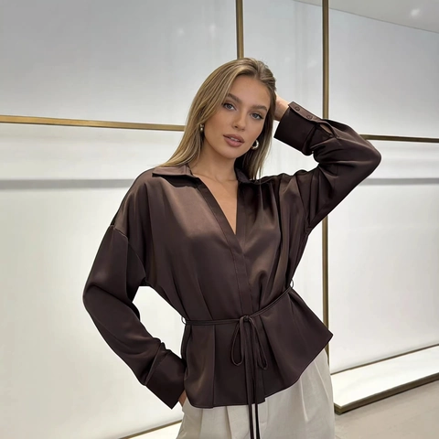 Women Elegant Satin Lapel Long Sleeve Blouse With Belt Solid Color Professional Office Casual Top Shirt For Women