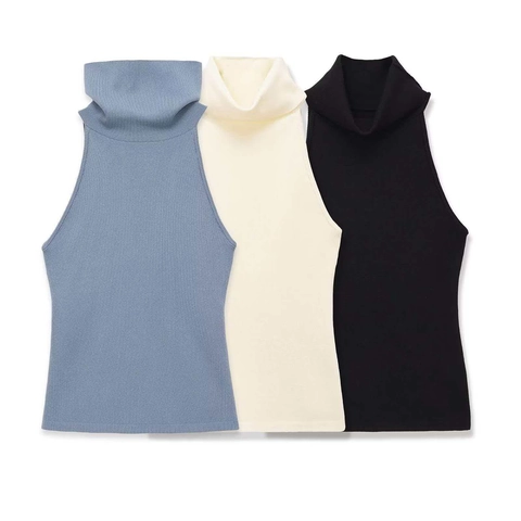 Damen Casual Hochkragen Ärmellos Rippenstrick Trägershirt Sommer Einfarbig Slim Fit Elastisch Weste Basic Unterhemd Top