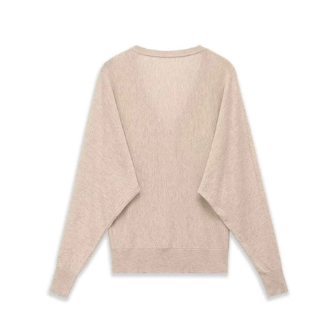 Pull en Tricot pour Femmes Col en V Manches Chauve-souris Minimaliste Avoine Coupe Ample Pullover en Polyester Automne