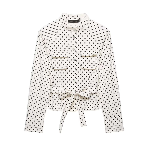 Women Polka Dot Long Sleeve Top And Pants Elegant Stand Collar Tie Waist Shirt Straight Leg Trousers Outfits For Casual Office