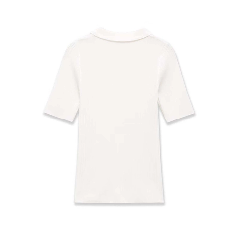 Top de Punto de Canalé con Cuello Polo para Mujer Blanco Botón Corte Entallado Suave Transpirable Verano Casual Básico Elegante
