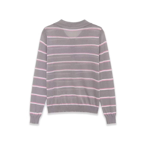 Women Vintage Striped Polo Knit Top Long Sleeve Button Down Gray Pink White Knitted Sweater Fall Casual Polo Shirt