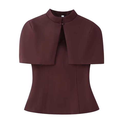 Chemise Femme Élégante Patchwork Cape Col Montant Manches Courtes Couleur Unie Élégante Navette Blouse Vintage Top Style Rétro