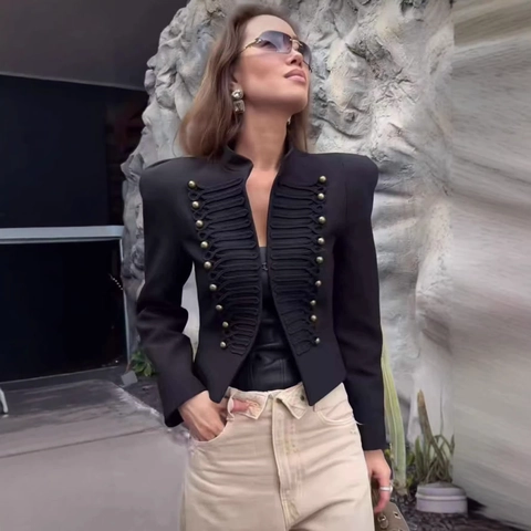 Women Vintage Military Style Jacket Stand Collar Gold Buttons Braided Frog Trim Short Slim Fit Padded Shoulder Outerwear
