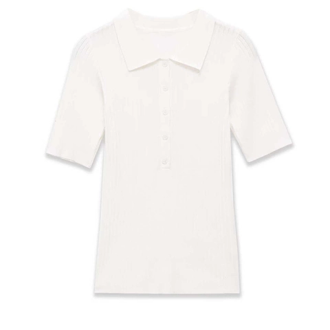 Top de Punto de Canalé con Cuello Polo para Mujer Blanco Botón Corte Entallado Suave Transpirable Verano Casual Básico Elegante