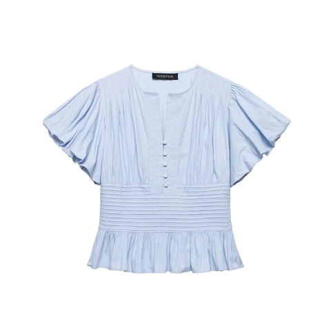 Blusa Elegante de Mujer con Cuello en V y Mangas Abullonadas Color Sólido Cintura Elástica Camisa con Alforzas Tops de Verano