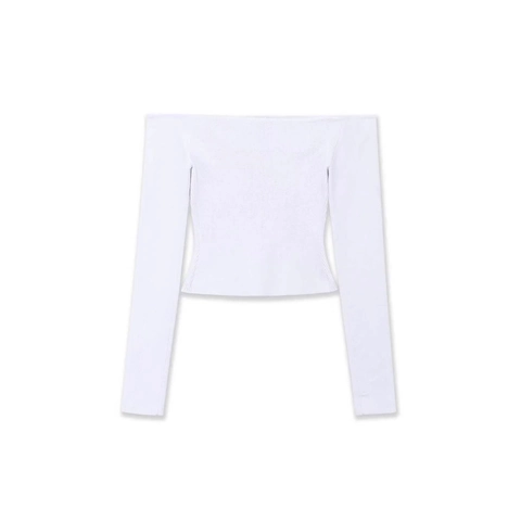 Damen Elegant Schulterfrei Strickoberteil Slim Fit Langarm Rippen Fake Zweiteiler Design Knopf Dekor Solid Weiß Pullover