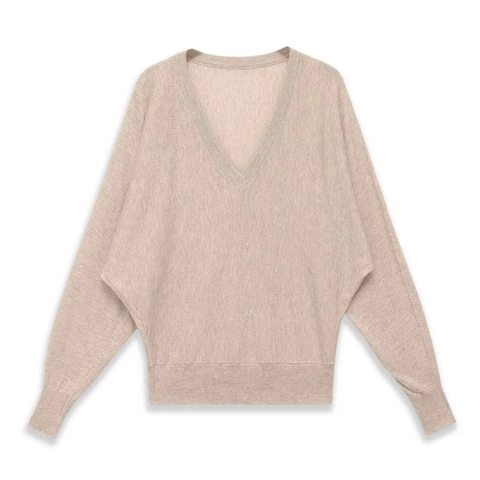 Pull en Tricot pour Femmes Col en V Manches Chauve-souris Minimaliste Avoine Coupe Ample Pullover en Polyester Automne