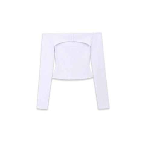 Damen Elegant Schulterfrei Strickoberteil Slim Fit Langarm Rippen Fake Zweiteiler Design Knopf Dekor Solid Weiß Pullover