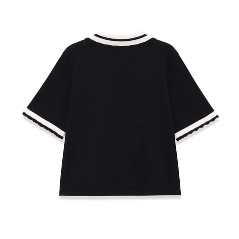 Women Short Sleeve Knitted Polo Shirt Contrast Stripe Scalloped Cuffs Button Lapel Slim Fit Polyester Summer Knit Top