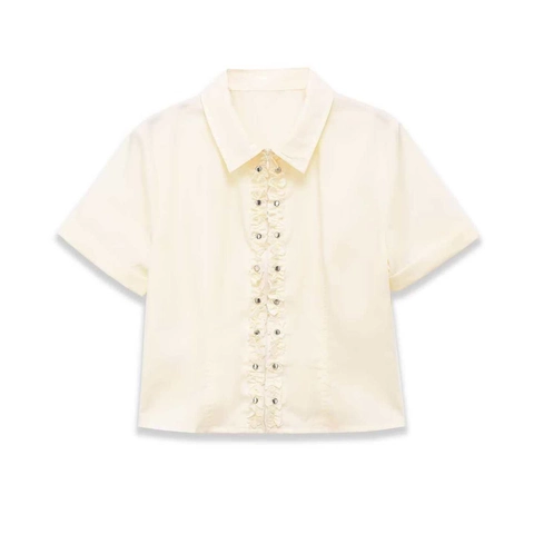 Women's Casual Solid Color Short Sleeve Shirt Polo Collar Ruffle Trim Cropped Blouse With Rivet Detail Elegant Commuter Top