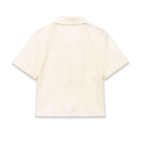 Women's Casual Solid Color Short Sleeve Shirt Polo Collar Ruffle Trim Cropped Blouse With Rivet Detail Elegant Commuter Top