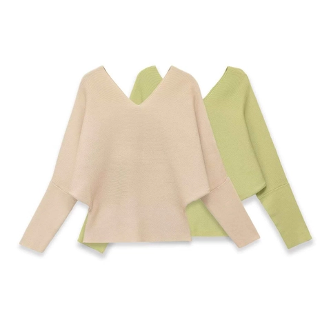 Dames Casual V-hals Vleermuismouw Geribbelde Gebreide Pullover Losse Effen Kleur Ademend Mode Top Voor Herfst Winter